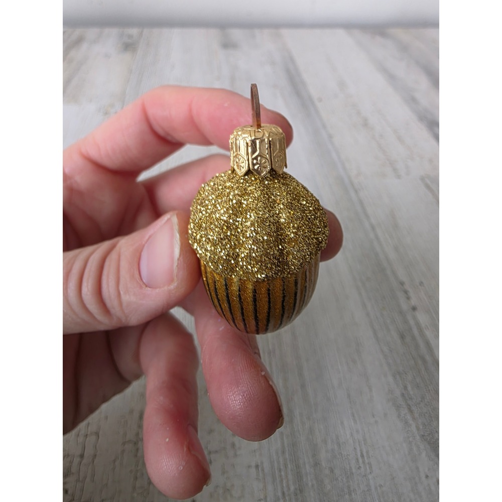 Vintage radko glitter mini acorn glass ornament gold Xmas tree